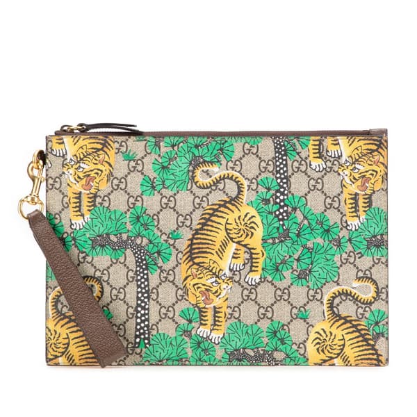 Pre-owned Gucci GG Supreme Bengal Clutch Brown