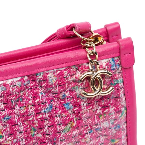 Pre-owned Chanel Large Tweed PVC Logo Wristlet Pouch Pink