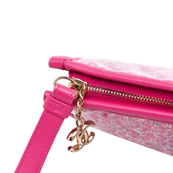 Pre-owned Chanel Large Tweed PVC Logo Wristlet Pouch Pink