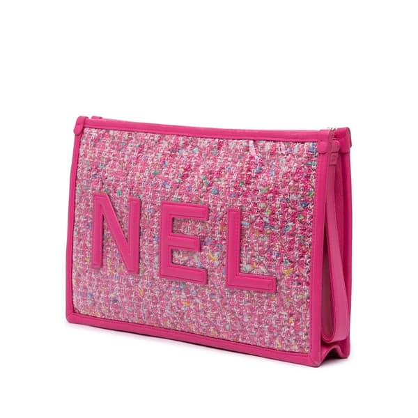 Pre-owned Chanel Large Tweed PVC Logo Wristlet Pouch Pink