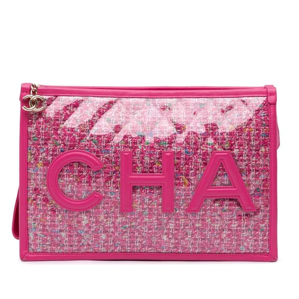 Pre-owned Chanel Large Tweed PVC Logo Wristlet Pouch Pink