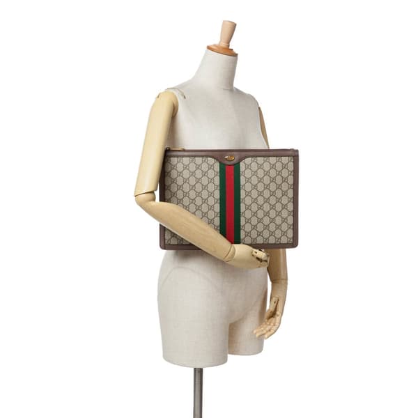 Pre-owned Gucci GG Supreme Ophidia Clutch Brown