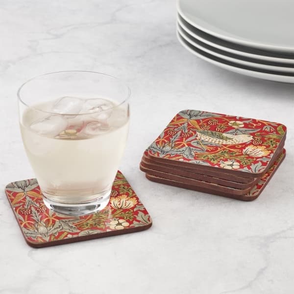 Strawberry Thief Red Coasters 6-pack - Morris & Co