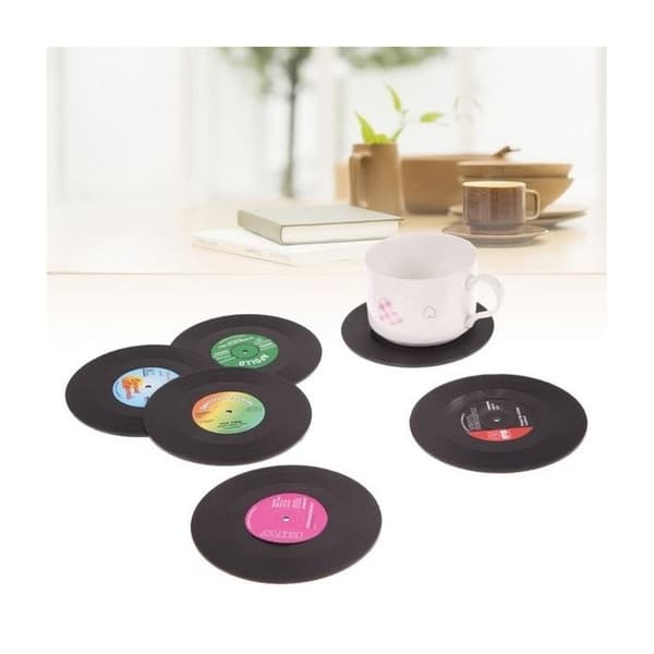 Underlägg - Vintage - Set med 6 - Plast - Diameter 10,5 cm - Svart