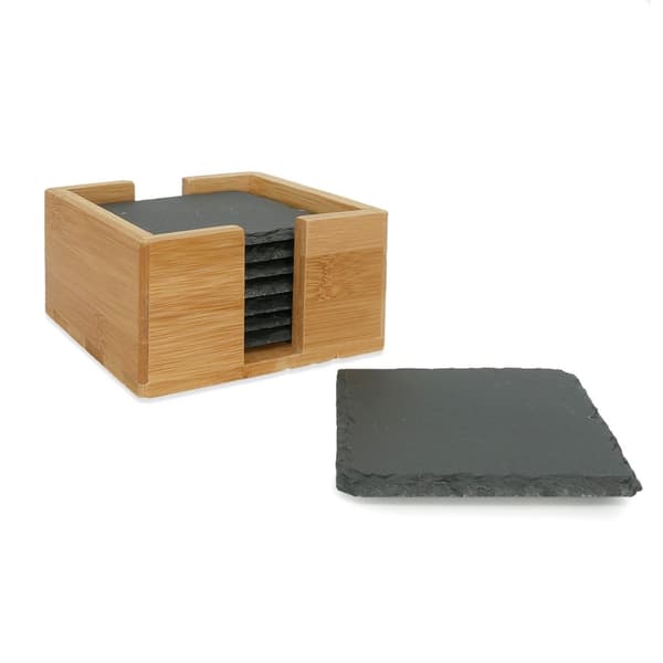 Uppsättning med 11 svarta skifferunderlägg med bambuhållare och kritpennor - 10 x 10 cm - Som dekoration och skydd för bord