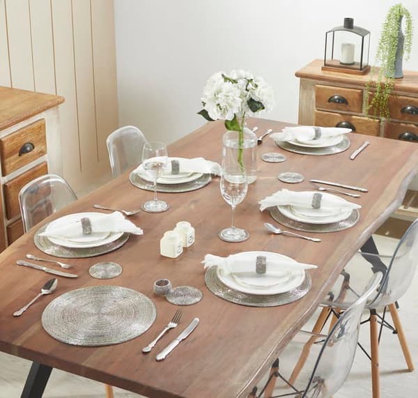 Penguin home - 3553 - Set med glasunderlägg, servettringar och runda bordstabletter Glaspärlor 18 delar, silver