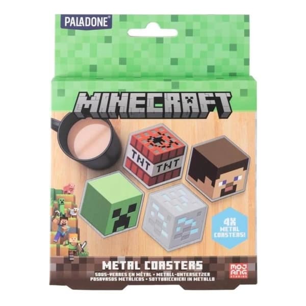 Set med 4 underlägg i metall Minecraft - Paladone - Steve, Creeper, Diamantmalm, TNT-block
