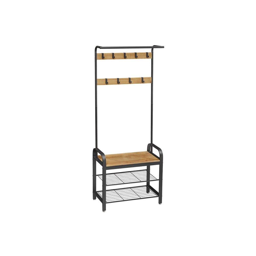 Segenn's Kansas klädhängare - Garderob - Skoställ med sits - Klädställ med 9 löstagbara krokar - Bänk - 2 gallerhyllor - 183 cm hög - Industriell desi