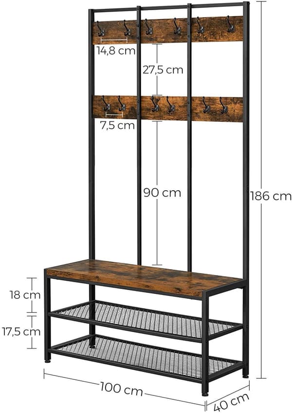 XL Klädhängare med skohyllor och sittbänk - Industriell design brun/svart