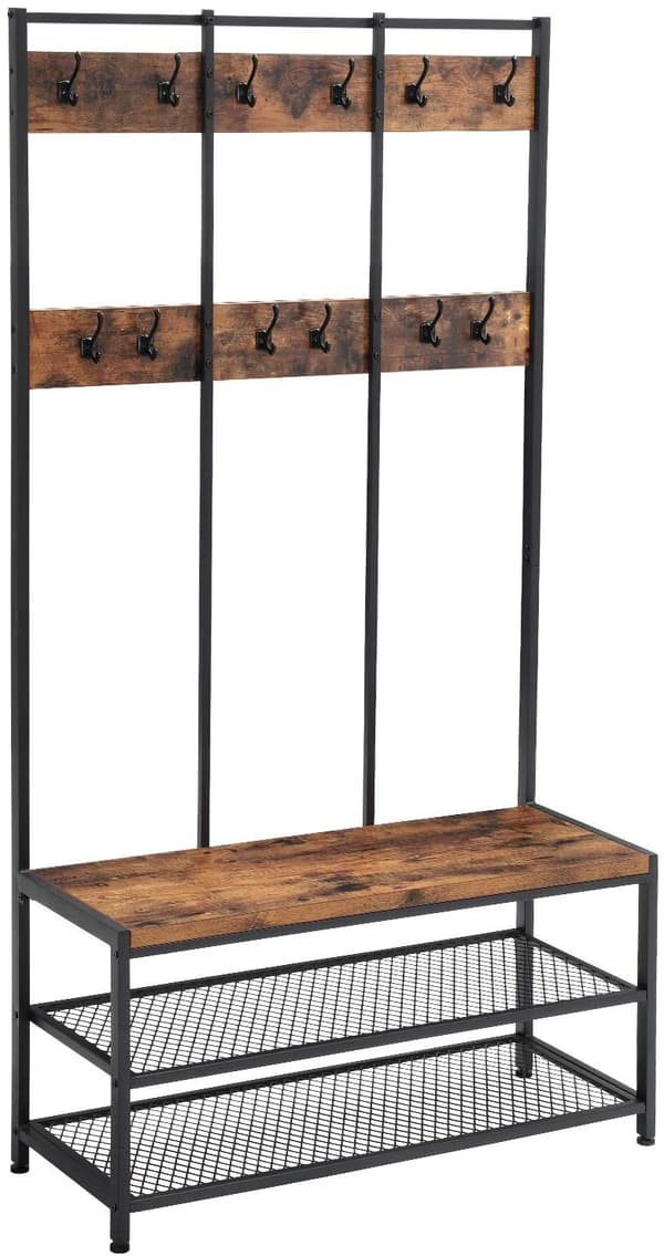XL Klädhängare med skohyllor och sittbänk - Industriell design brun/svart