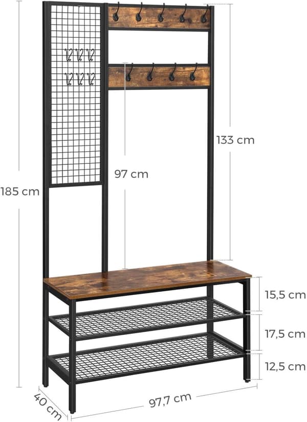 XL Klädhängare Med Skohyllor, Sittbänk 97,7 x 40 x 185 cm Industriell Design