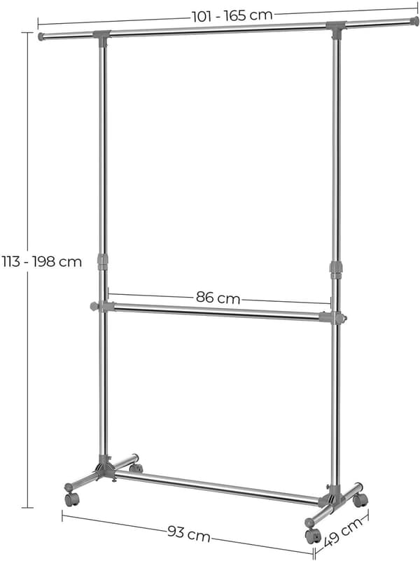 Rullbar Klädställning dubbel stång, Justerbar Höjd 113-198 cm