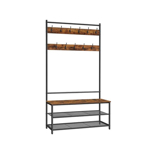 Rootz-naulakko - Takkiteline - Koukuilla varustettu naulakko - Seisova naulakko - 11 koukulla - Lastulevy/teräs - Vintage ruskea-musta - 100 x 40 x 18