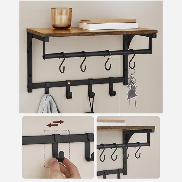 Rootz klädhängare - klädstativ - klädhängare med 8 krokar - väggmonterad klädhängare - spånskiva/stål - vintage brun-svart - 40 x 24 x 24 cm