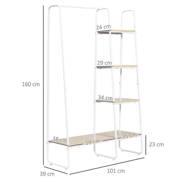 Rootz Klädställ - Klädställ - Klädställ - 5 hyllor - 1 Klädstång - Natur + Vit - 101 cm x 39 cm x 160 cm