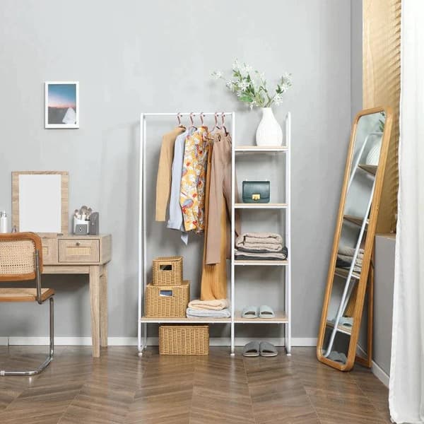Rootz Klädställ - Klädställ - Klädställ - 5 hyllor - 1 Klädstång - Natur + Vit - 101 cm x 39 cm x 160 cm