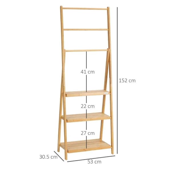 Rootz handduksställ - Fristående handduksställ i naturlig bambu - Med 3 handduksstänger - 3 förvaringshyllor - Vikbar handdukshållare - Natur - 53 cm