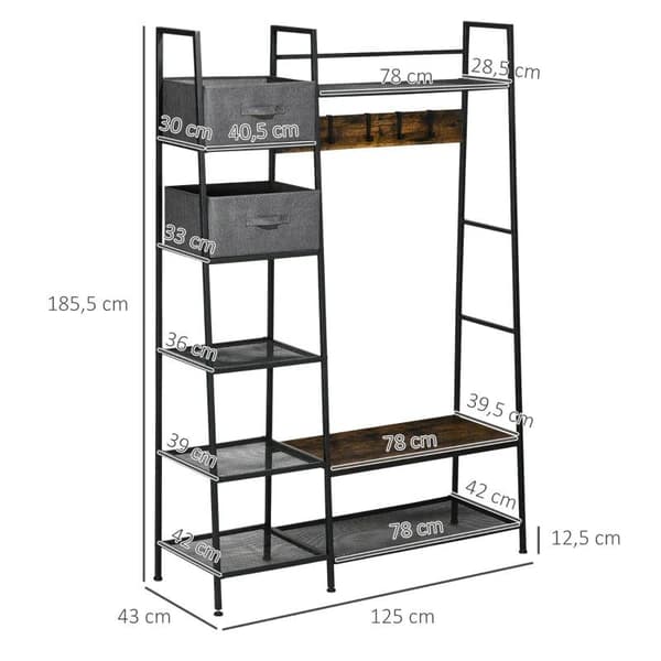 Rootz-naulakko - Teollinen naulakko - 8 hyllyä - 5 takkikoukkua - 1 kenkäpenkki - 2 laatikkoa - harmaa/ruskea - 125L x 43B x 185,5H cm