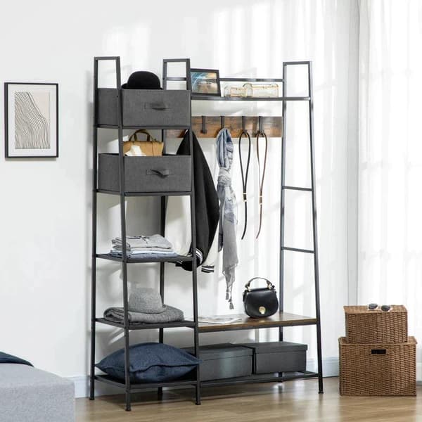 Rootz-naulakko - Teollinen naulakko - 8 hyllyä - 5 takkikoukkua - 1 kenkäpenkki - 2 laatikkoa - harmaa/ruskea - 125L x 43B x 185,5H cm