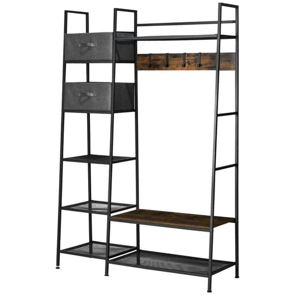 Rootz-naulakko - Teollinen naulakko - 8 hyllyä - 5 takkikoukkua - 1 kenkäpenkki - 2 laatikkoa - harmaa/ruskea - 125L x 43B x 185,5H cm