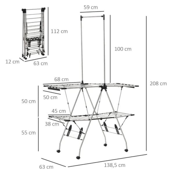 Rootz Tøjstativ - Sammenklappeligt tørrestativ - Wing Tøjtørrer med Teleskop - Stænger Stativ Tørretumbler - Tørrerum - 138,5 x 63 x 208 cm