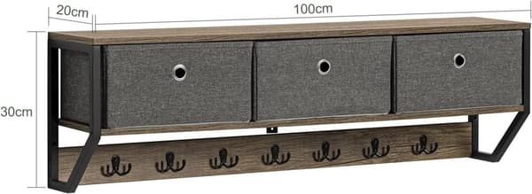 Rootz Væg Knagerække Væg - Entre Væghylde - Opbevaringsskab med 3 kurve 7 kroge - B100 x D20 x H30cm