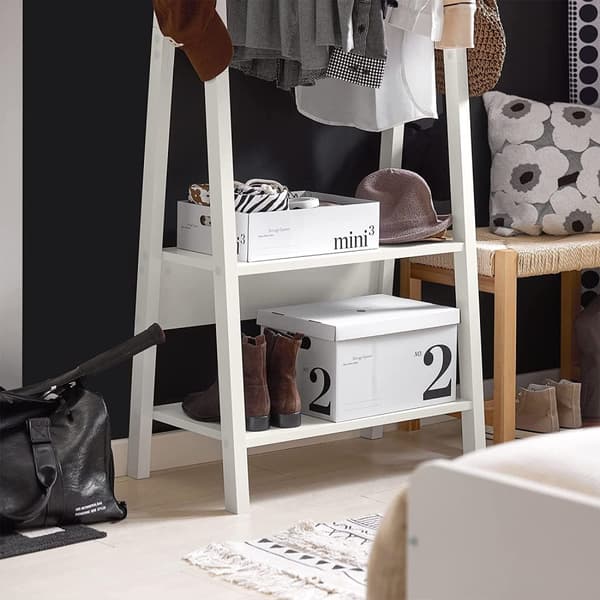 Rootz White Modern Tøjstativstativ med to opbevaringshylder - Træktøjstativ hængestang - B66 x D39 x H180cm
