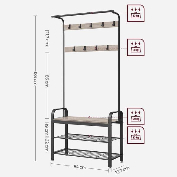Rootz Knageholder - Knageholder med 9 kroge - Stående knagerække - Trækrog - Vægmonteret knagerække - Spånplade - Stål - Eg-hvid - 32 x 70 x 175 cm (D