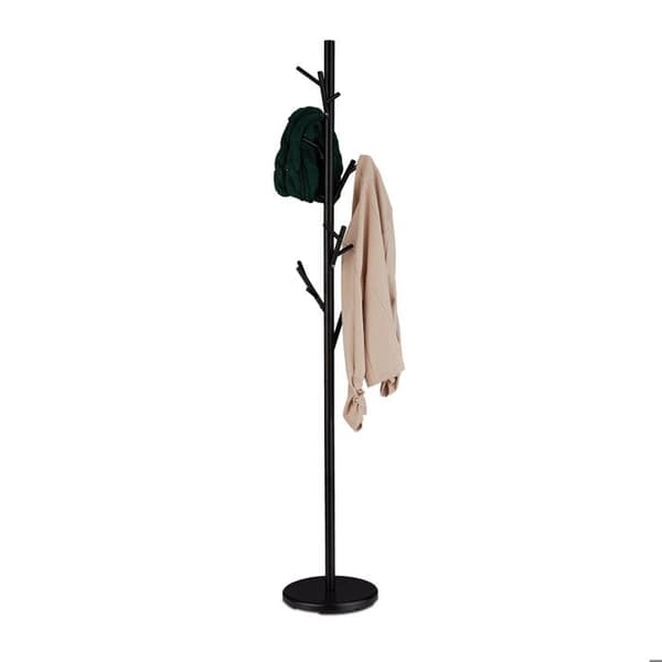 Relaxdays klädhängare, metall, 12 krokar, H x D: 176 x 30 cm, fristående jackhylla, solid, trädform, svart