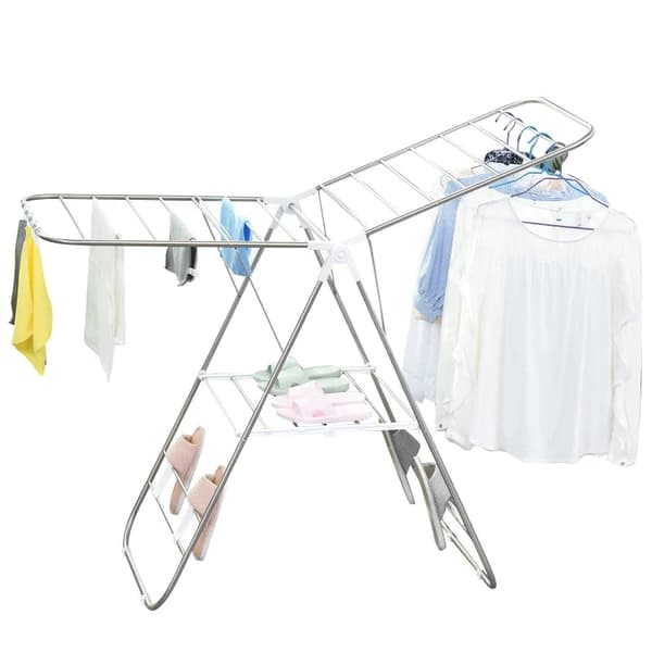 Rootz Folding Clothes Airer - Bærbar Wing Tøjtørrer - Stativtørrer med teleskopstænger - Rustfrit stål - Plastik - Sølv - Hvid - 146 x 60,5 x 98 cm