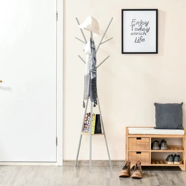 Rootz Coat Rack - Coat Stand - Clothes Rack -  8 Hooks Coat Rack - Coat Rack With Shelf - Standing Coat Rack - White - 45 x 45 x 180 cm