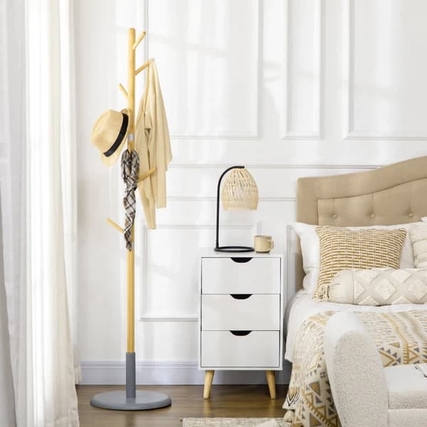 Rootz Knagerække - Knageholder - Scandi Design - Bambus Knagerække - Naturlig + Grå - 37,8 cm x 37,8 cm x 175,6 cm