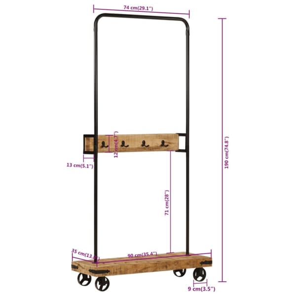 vidaXL Klädställning med hjul 90x35x190 cm massivt mangoträ och järn
