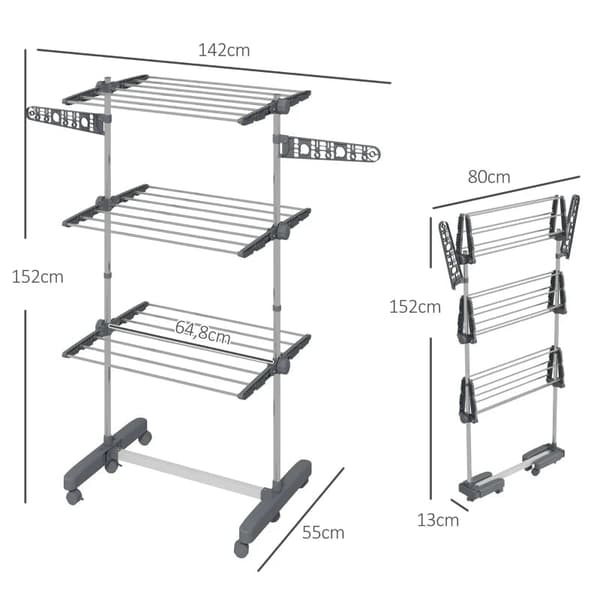 Rootz Klädtorkställ - Klädluftare - Torktumlare - 5 nivåer - Vikbart - One-click System - Rostfritt stål - Grå - Silver - 142L × 55W × 172H cm