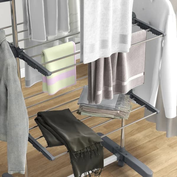 Rootz Klädtorkställ - Klädluftare - Torktumlare - 5 nivåer - Vikbart - One-click System - Rostfritt stål - Grå - Silver - 142L × 55W × 172H cm