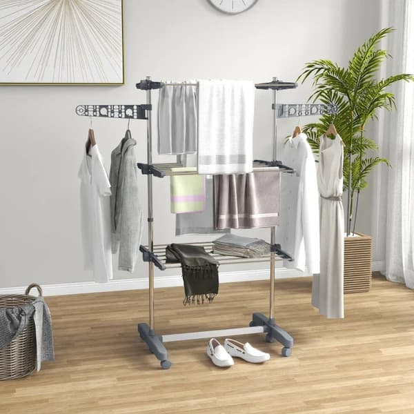 Rootz Klädtorkställ - Klädluftare - Torktumlare - 5 nivåer - Vikbart - One-click System - Rostfritt stål - Grå - Silver - 142L × 55W × 172H cm