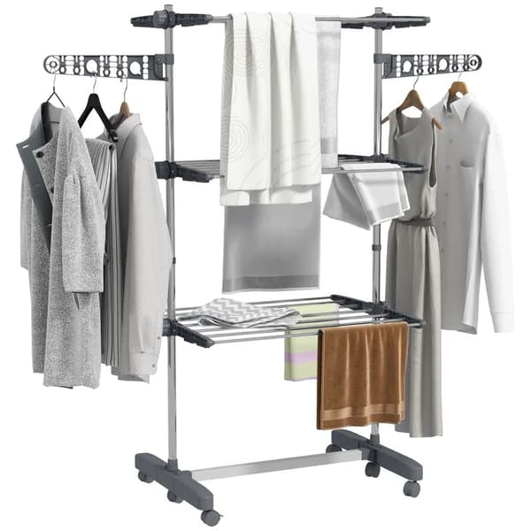 Rootz Klädtorkställ - Klädluftare - Torktumlare - 5 nivåer - Vikbart - One-click System - Rostfritt stål - Grå - Silver - 142L × 55W × 172H cm