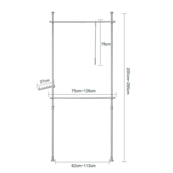Rootz justerbar teleskopisk klädstång - Garderobshållare - Hyllsystem - Platsbesparande - Enkel montering - Variabel storlek 62-113cm x 200-285cm