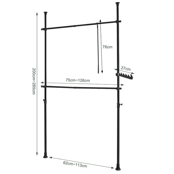 Rootz justerbar teleskopisk klädstång - Garderobshållare - Hyllsystem - Platsbesparande - Enkel montering - Variabel storlek 62-113cm x 200-285cm