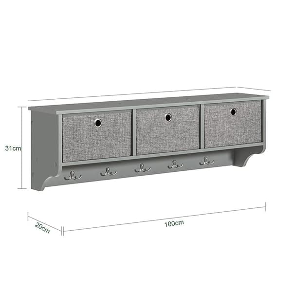 Rootz vægknagestativ med opbevaring - Tøjkrog - Gangorganisering - Inkluderer 3 foldbare fleeceæsker - 5 metalkroge - Nem montering - 100 cm x 31 cm x