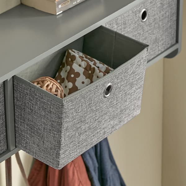Rootz vægknagestativ med opbevaring - Tøjkrog - Gangorganisering - Inkluderer 3 foldbare fleeceæsker - 5 metalkroge - Nem montering - 100 cm x 31 cm x