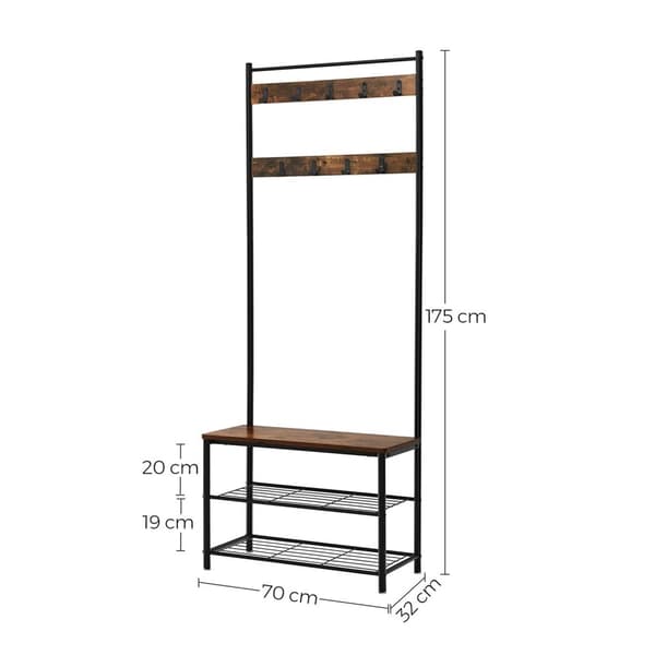 Rootz Vintage ruskea-musta naulakko - sisäänkäynnin järjestäjä - aulapuu - lastulevy ja teräs - 70 cm x 175 cm x 32 cm - 70 cm x 30 cm alusta - 9,8 kg