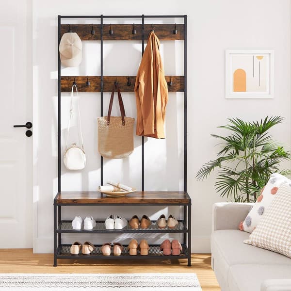 Rootz Industrial Design -naulakko ja penkki - Maalaismainen vaateteline - Vintage-puiset elementit - 2 lankahyllyä - 12 koukkua - Trendikäs teollinen