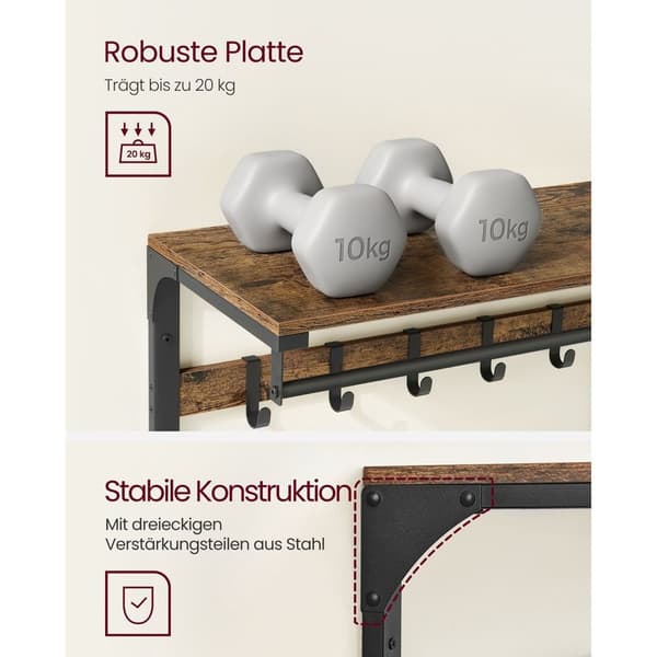 Rootz Vintage ruskea-musta seinävaateteline - sisäänkäynnin järjestäjä - riippuhylly - lastulevy ja teräs - 30 cm x 80 cm x 42 cm - enimmäiskuormitus
