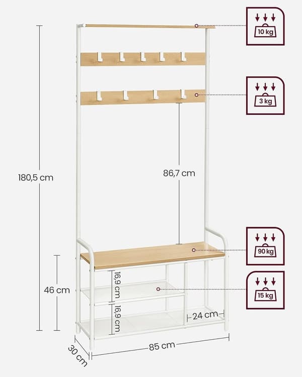 Rootz klädhängare - Ek Vit - Spånskiva stål - Entréorganisator - Förvaringslösning - Enkel montering - 30 cm x 85 cm x 180,5 cm