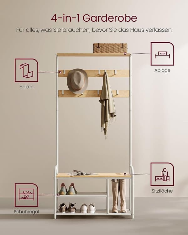 Rootz klädhängare - Ek Vit - Spånskiva stål - Entréorganisator - Förvaringslösning - Enkel montering - 30 cm x 85 cm x 180,5 cm