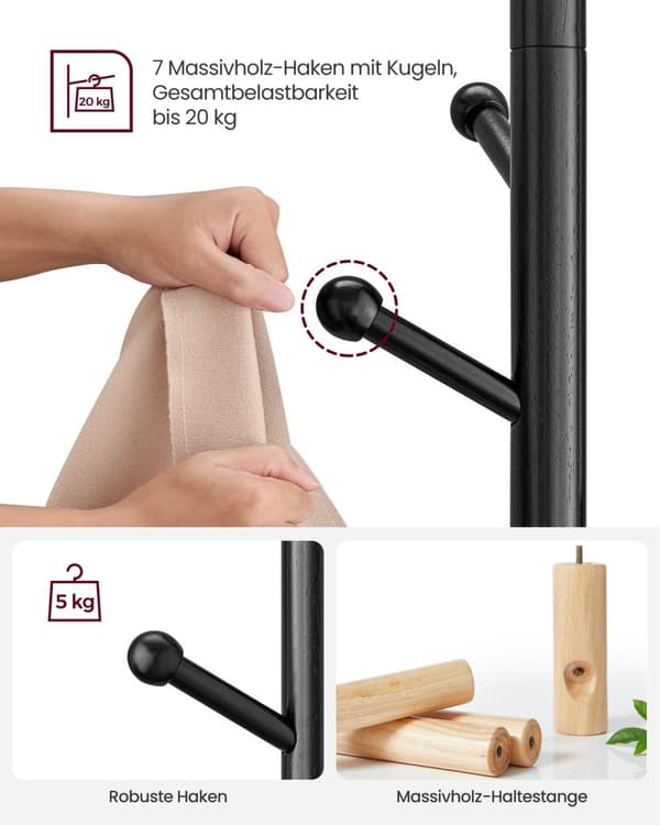 Rootz klädhängare - Hattställ - Gummiträ - MDF - Fristående - 38 cm x 175 cm - 12,5 cm Kroklängd - 3,3 kg - 5 kg Max belastningskapacitet - 20 kg tota