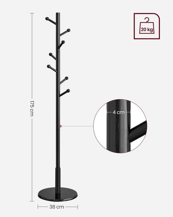Rootz klädhängare - Hattställ - Gummiträ - MDF - Fristående - 38 cm x 175 cm - 12,5 cm Kroklängd - 3,3 kg - 5 kg Max belastningskapacitet - 20 kg tota