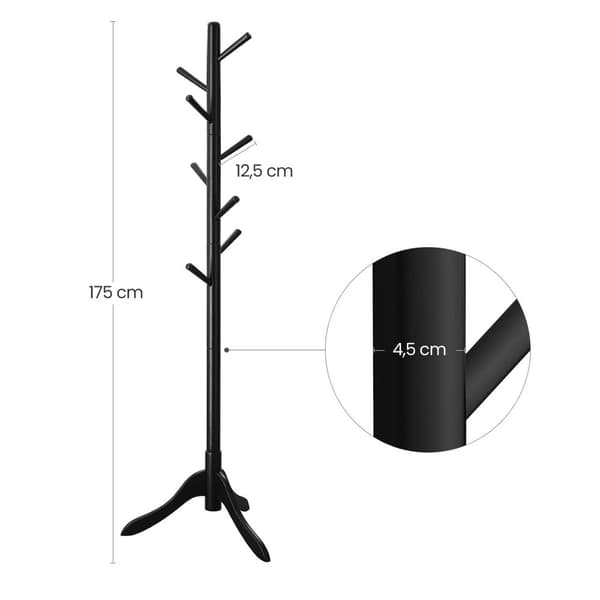 Rootz-naulakko - Hattuteline - Kumipuu - 5 koukkua - 175 cm Korkeus - 47 cm Leveä - 2,5 kg - Musta - 47 cm x 47 cm x 175 cm