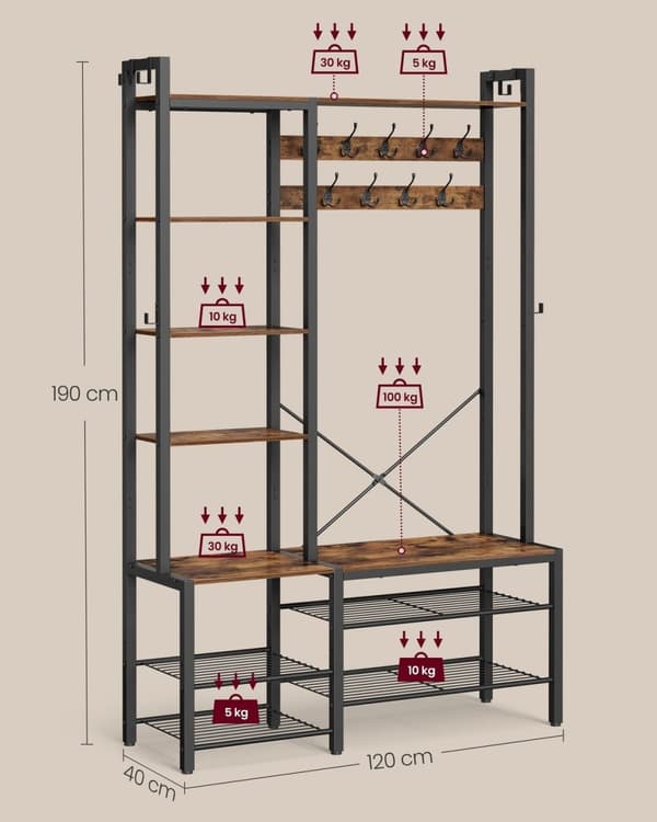 Rootz Vintage ruskea-musta naulakko - sisäänkäynnin järjestäjä - Hall Tree - lastulevy teräs - 40 cm x 120 cm x 190 cm - Raskas - Helppo koota - Tilaa